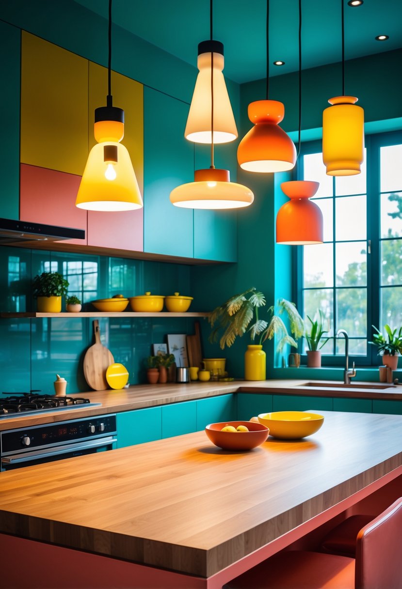 Color-Drenched Eclectic Kitchen Ideas: 22 Inspiring Designs to Transform Your Space 14 A brightly lit kitchen with colorful walls and varied pendant lights hanging above a wooden island.