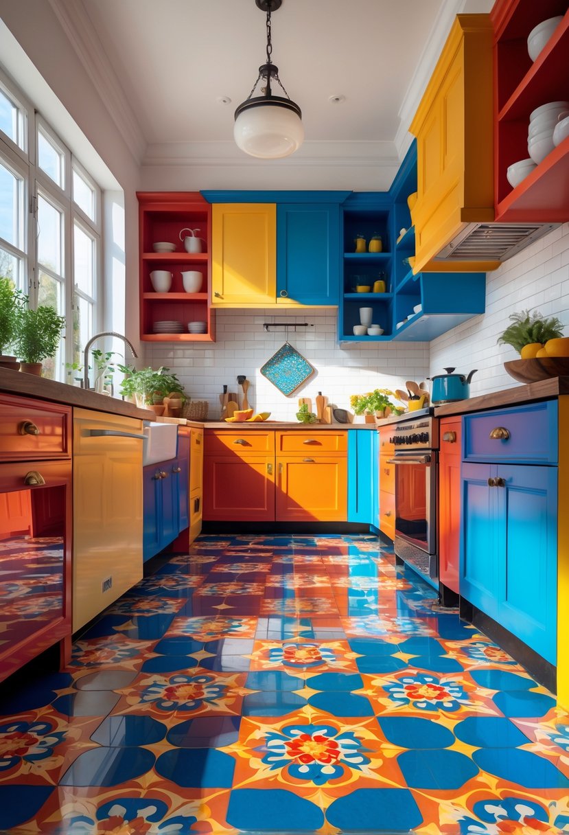 Color-Drenched Eclectic Kitchen Ideas: 22 Inspiring Designs to Transform Your Space 15 A brightly lit kitchen with colorful patterned floor tiles and vibrant cabinets, featuring a wooden countertop with fresh fruits and herbs.