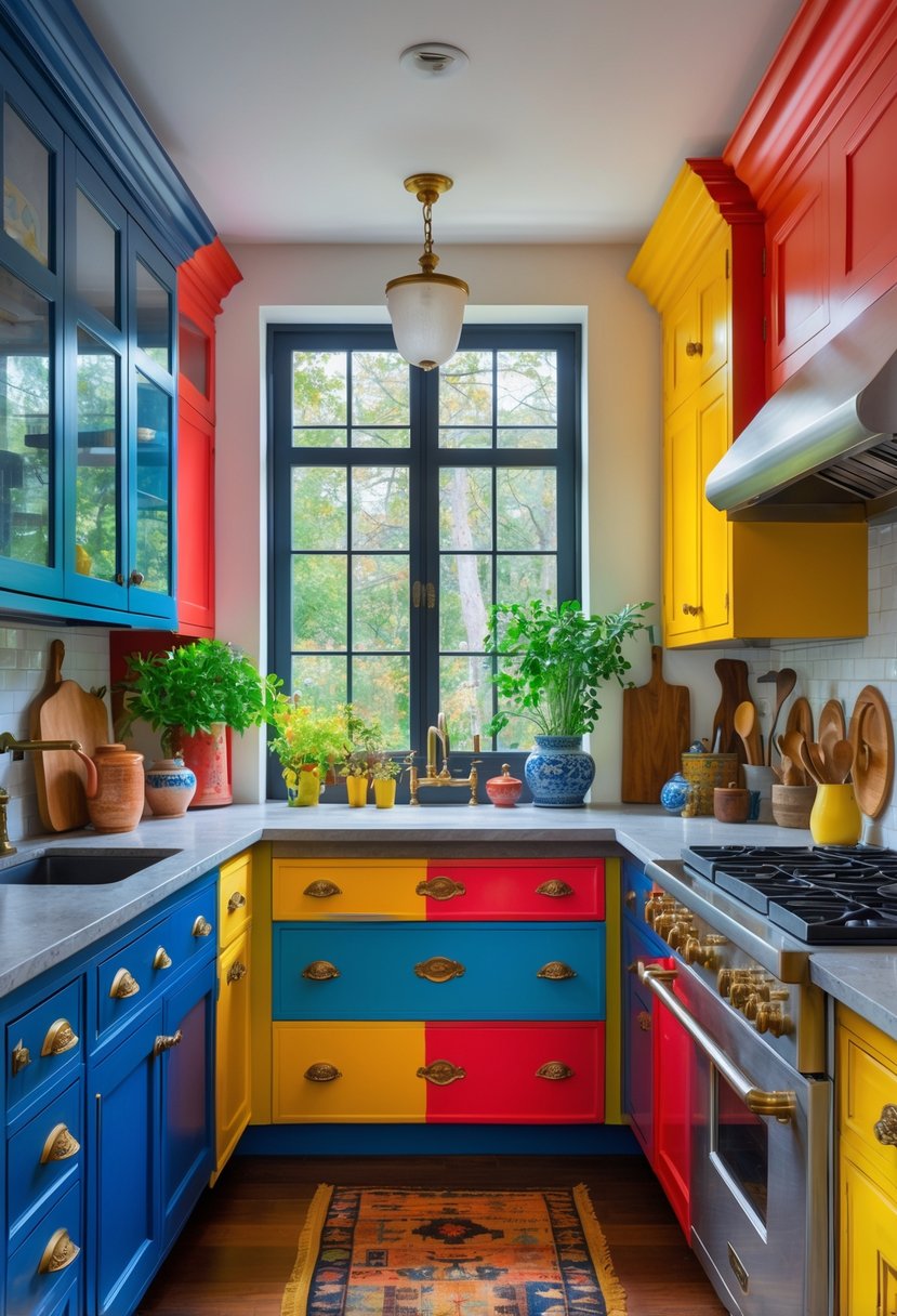 Color-Drenched Eclectic Kitchen Ideas: 22 Inspiring Designs to Transform Your Space 16 A colorful kitchen with a mix of modern appliances and antique hardware, featuring vibrant cabinets, wooden accents, and natural light.