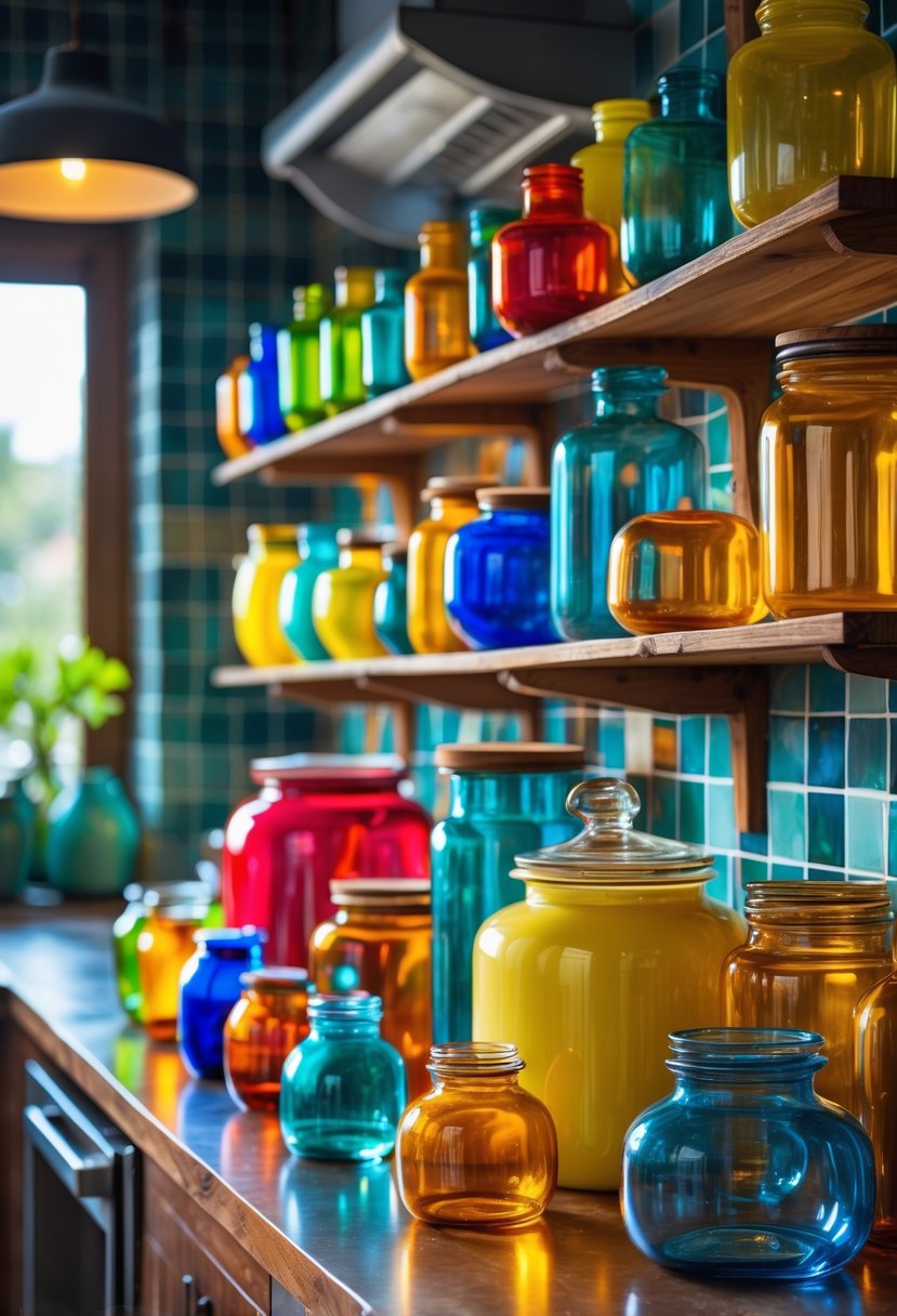 Color-Drenched Eclectic Kitchen Ideas: 22 Inspiring Designs to Transform Your Space 17 A kitchen shelf and countertop displaying various colorful glass jars and containers in different shapes and sizes.
