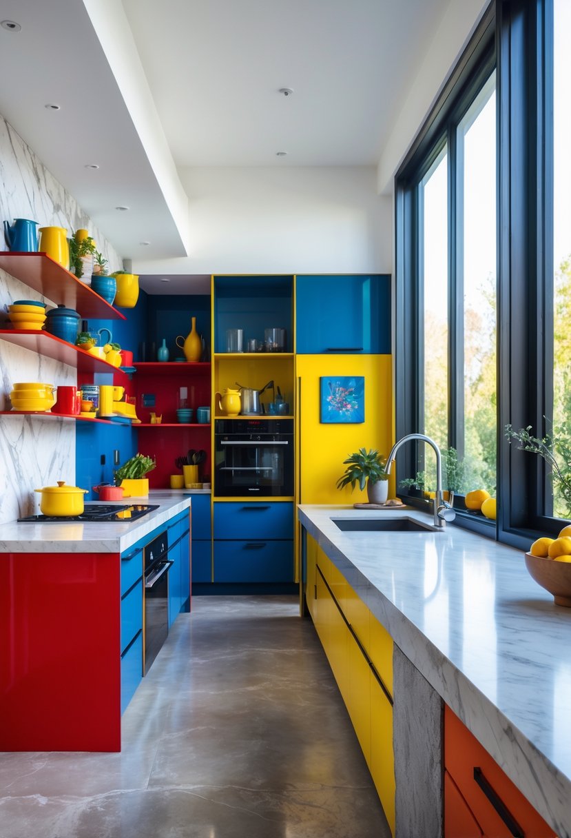 Color-Drenched Eclectic Kitchen Ideas: 22 Inspiring Designs to Transform Your Space 18 A kitchen with contrasting white marble and gray concrete countertops surrounded by colorful cabinets and kitchenware.