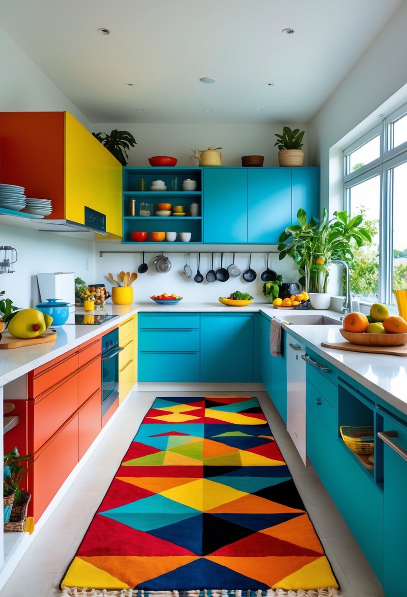 Color-Drenched Eclectic Kitchen Ideas: 22 Inspiring Designs to Transform Your Space 19 A bright kitchen with colorful geometric rugs on the floor, colorful cabinets, open shelves, and fresh fruits on the countertop.