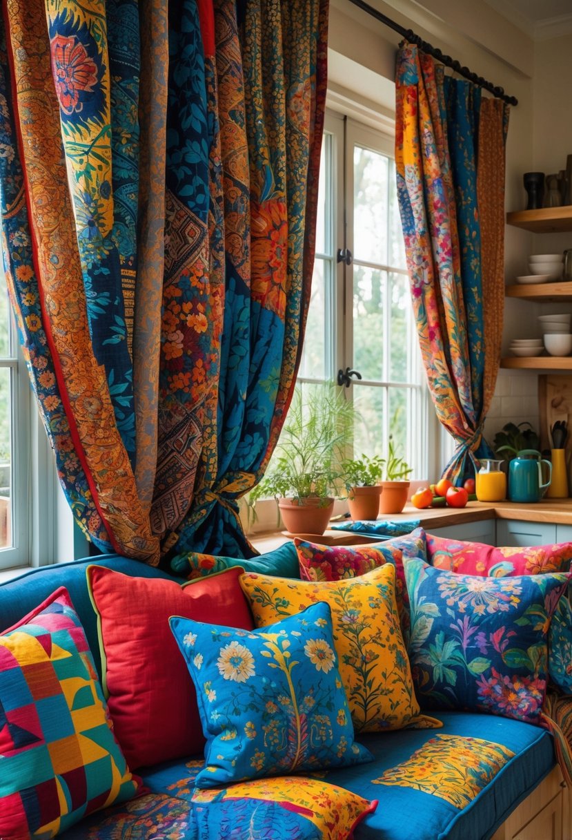 Color-Drenched Eclectic Kitchen Ideas: 22 Inspiring Designs to Transform Your Space 20 A kitchen with colorful cushions and curtains featuring different bold patterns, creating a lively and cozy atmosphere.