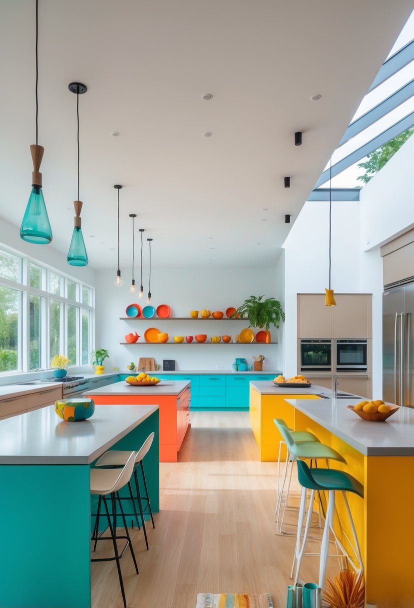 Color-Drenched Eclectic Kitchen Ideas: 22 Inspiring Designs to Transform Your Space 21 Open kitchen with multiple colorful kitchen islands, modern appliances, bar stools, and large windows letting in natural light.