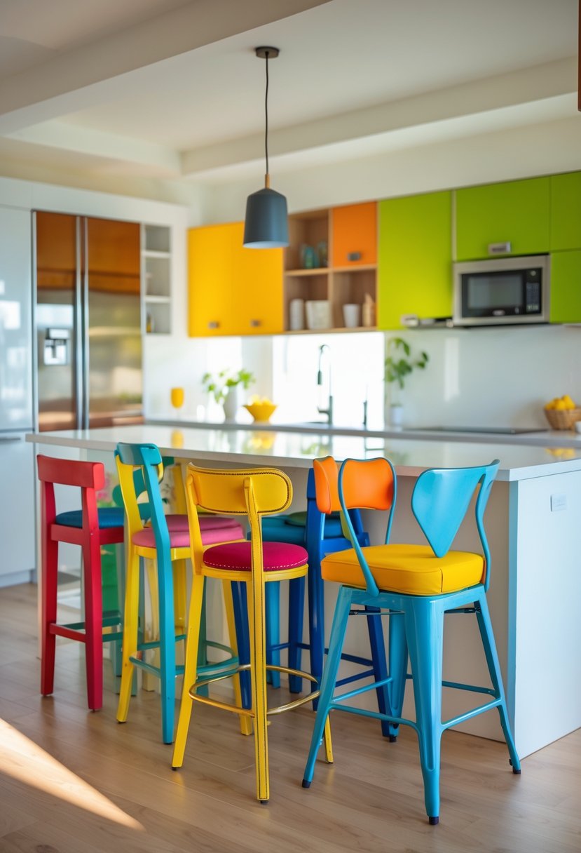 Color-Drenched Eclectic Kitchen Ideas: 22 Inspiring Designs to Transform Your Space 22 A kitchen island surrounded by colorful bar stools with different designs and shapes in a bright kitchen.
