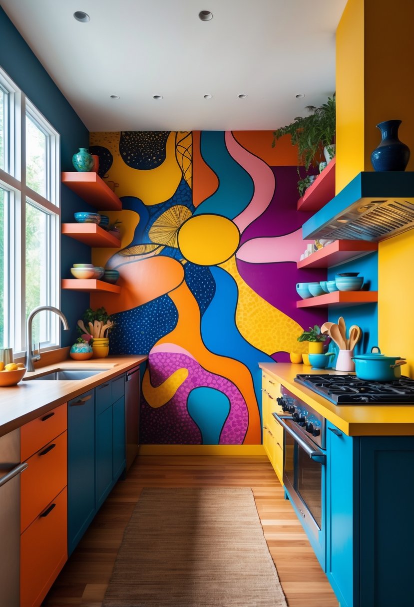 Color-Drenched Eclectic Kitchen Ideas: 22 Inspiring Designs to Transform Your Space 23 A kitchen with a large colorful mural on one wall, modern cabinets, open shelves with dishes, and a wooden floor illuminated by natural light.