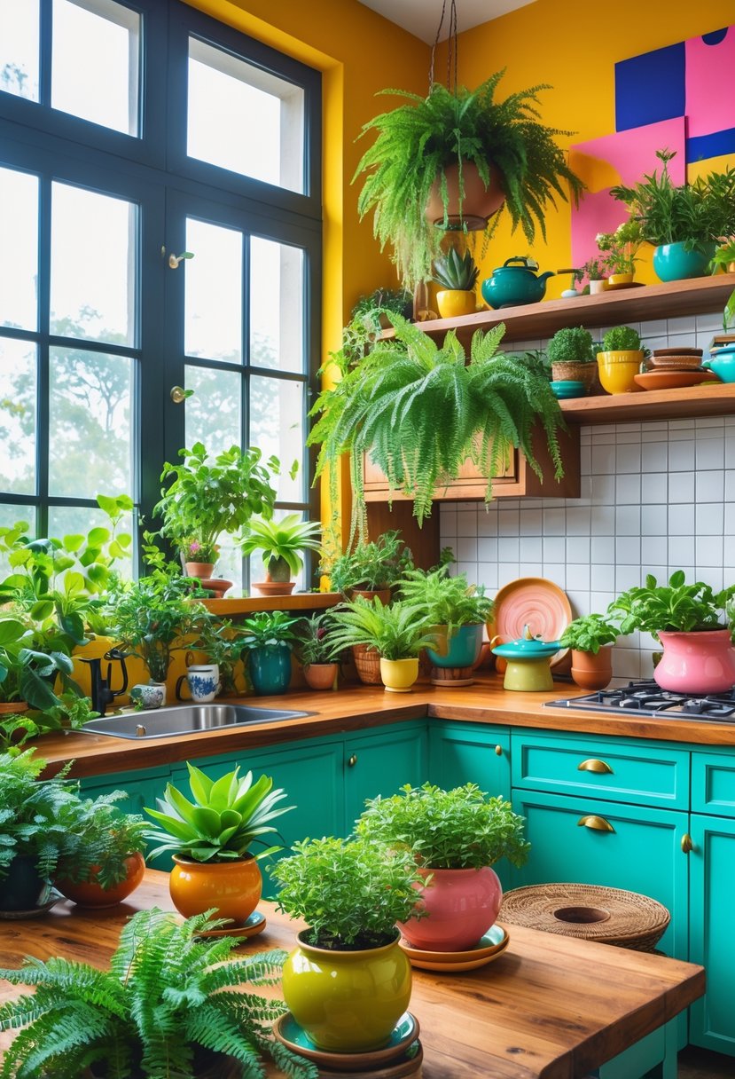 Color-Drenched Eclectic Kitchen Ideas: 22 Inspiring Designs to Transform Your Space 24 A bright kitchen with various green plants in colorful pots placed on shelves and countertops, surrounded by vibrant kitchen decor.