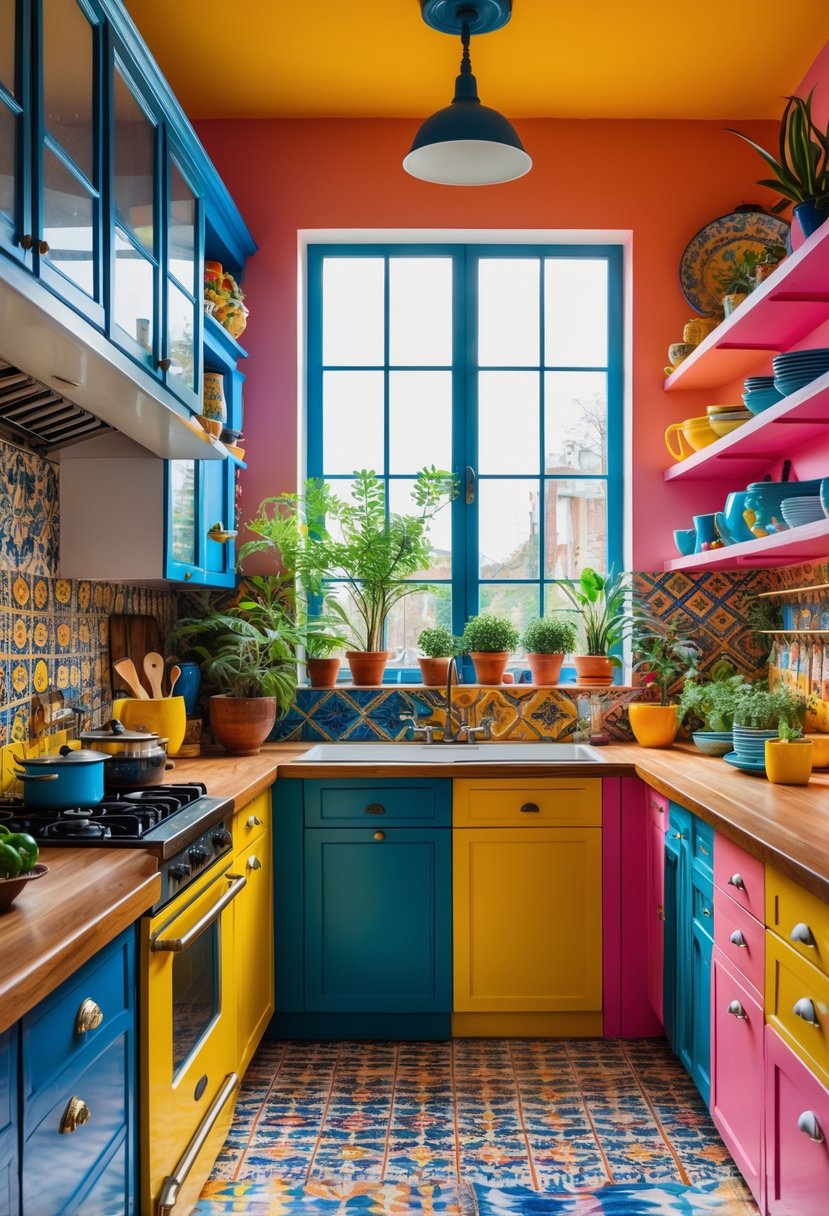 Color-Drenched Eclectic Kitchen Ideas: 22 Inspiring Designs to Transform Your Space 26 A bright kitchen with colorful cabinets, patterned tiles, plants, and various kitchen items arranged neatly.