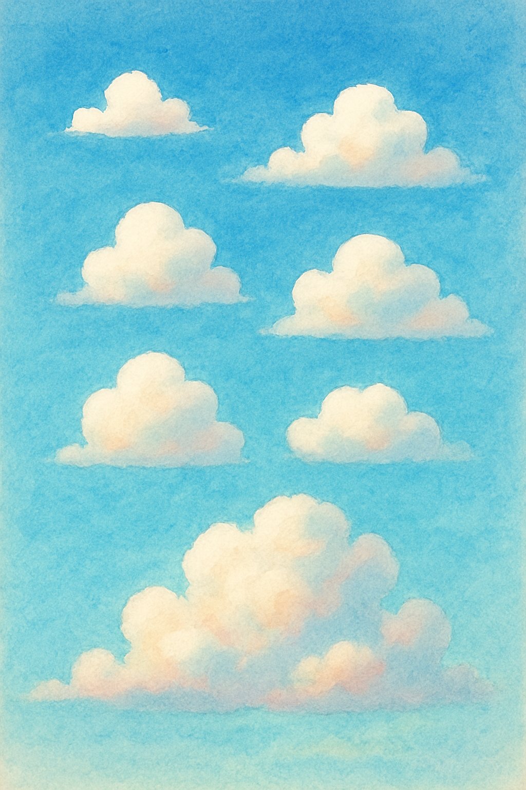 A peaceful sky featuring fluffy clouds in various shapes and sizes above a blue horizon.