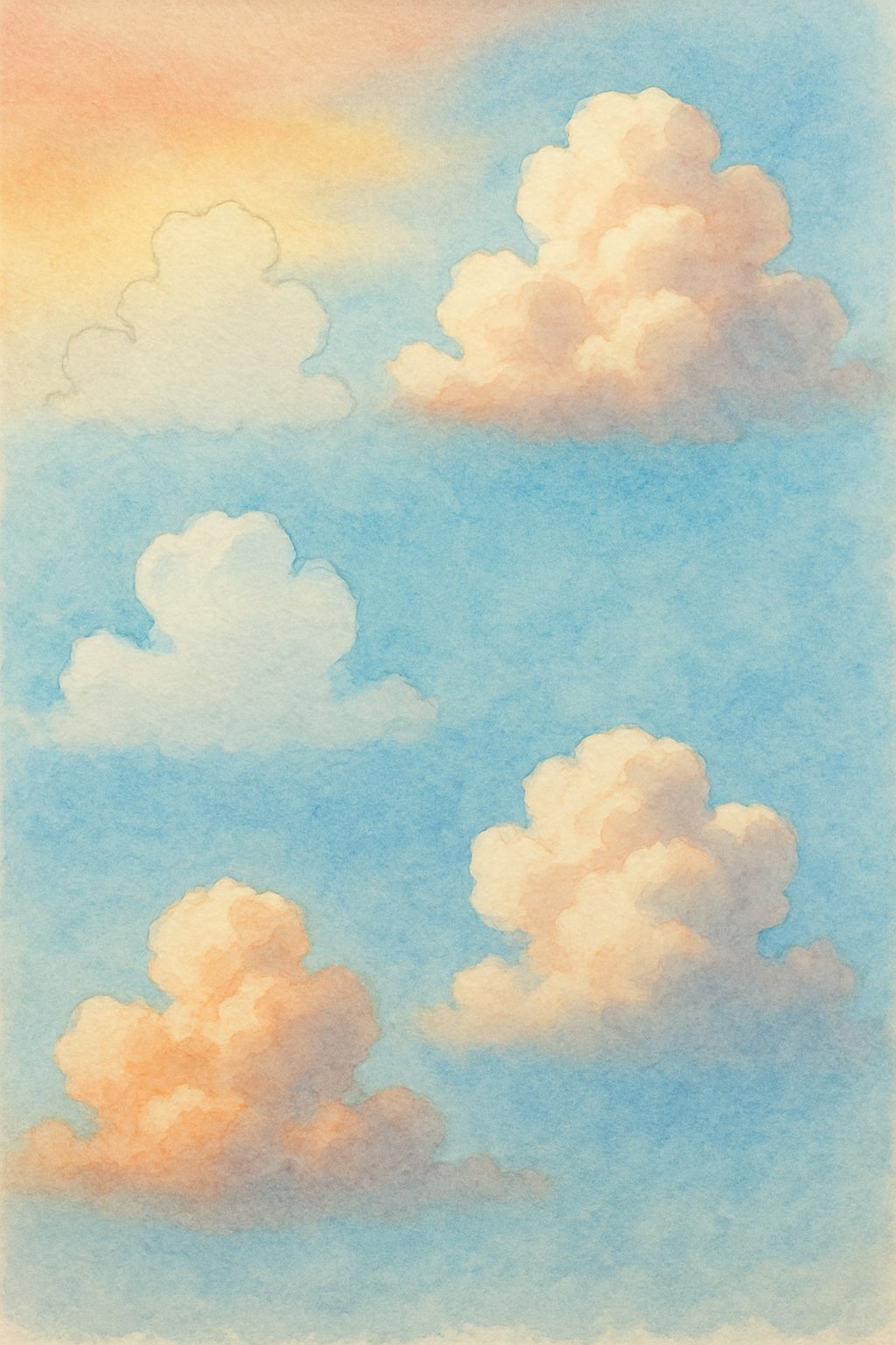 A watercolor painting showing fluffy clouds in different stages of being painted against a colorful sky.