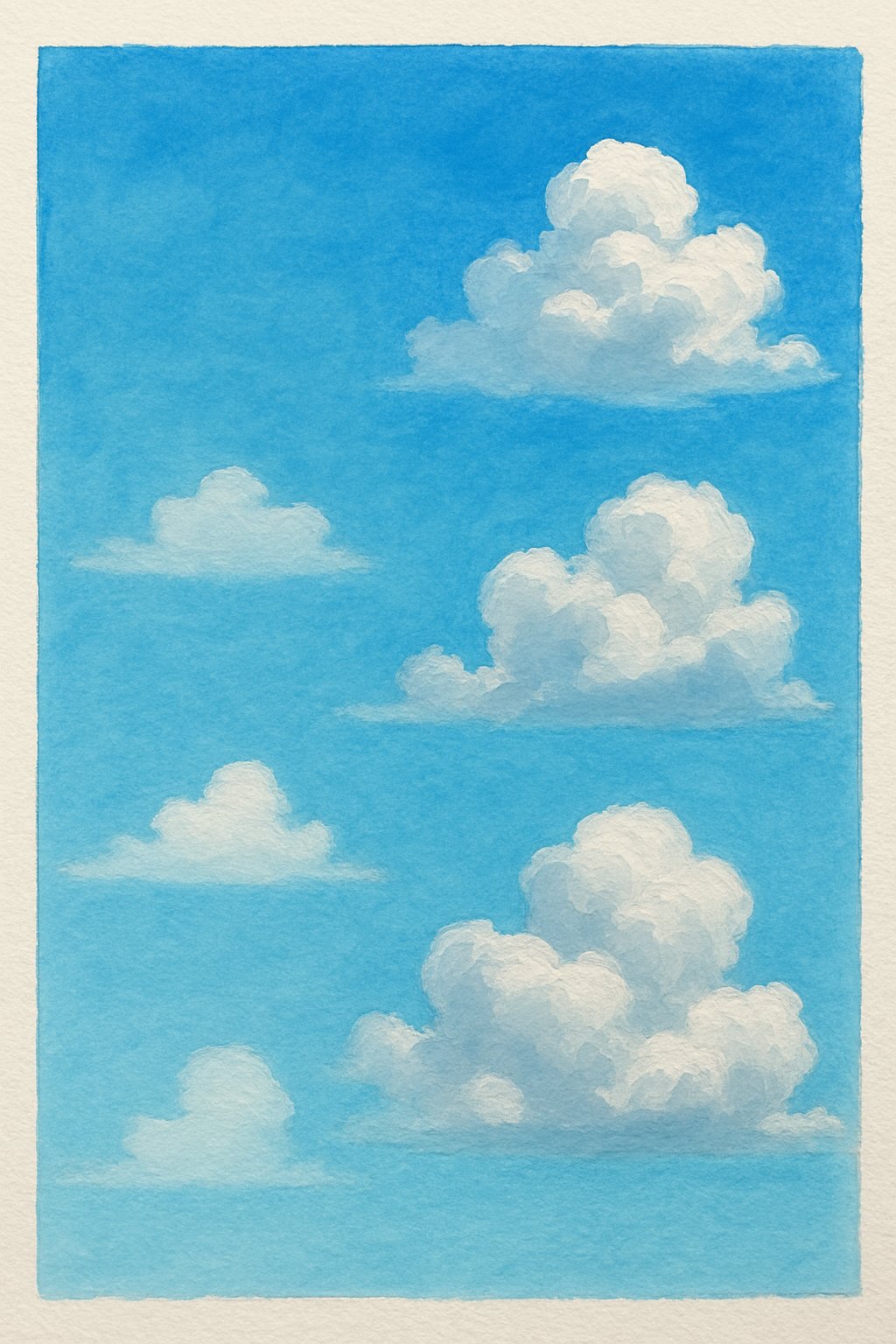 A peaceful sky with fluffy white clouds floating against a bright blue background.