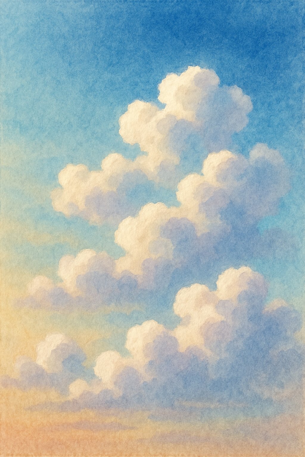 A peaceful sky with fluffy clouds floating over a gradient blue and golden horizon.