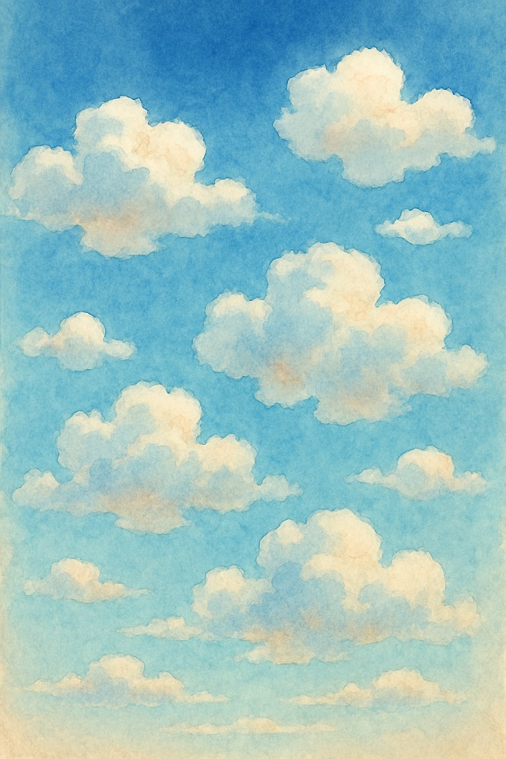 A bright sky with simple, fluffy clouds floating gently.