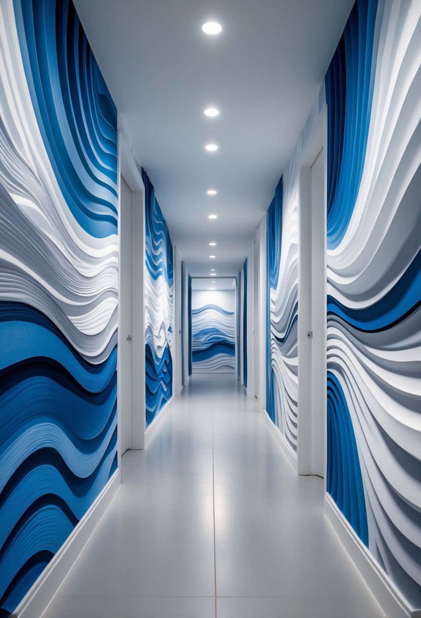 Surreal Hallway Styling Ideas: 21 Creative Ways to Transform Your Space 3 A hallway with wavy patterned wall murals creating optical illusions and a sleek floor.