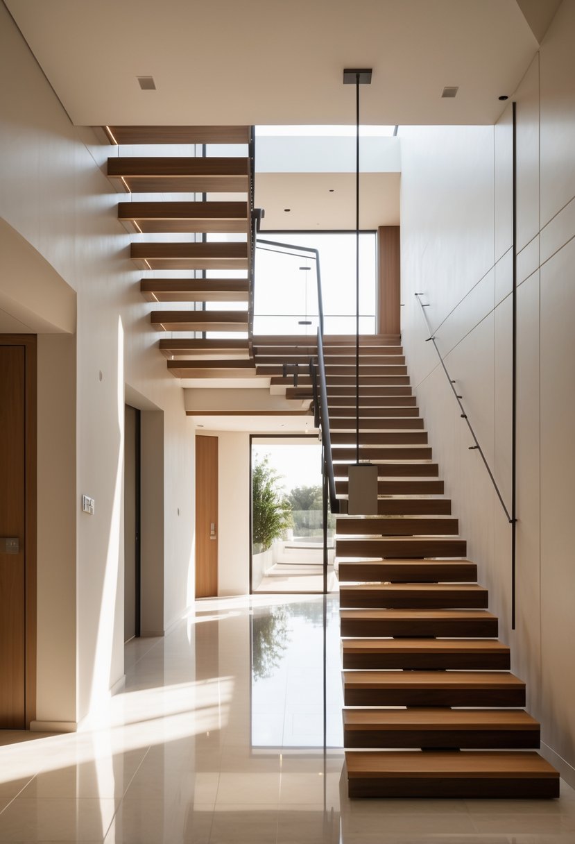 Surreal Hallway Styling Ideas: 21 Creative Ways to Transform Your Space 6 A modern hallway with a floating staircase that has no visible supports.