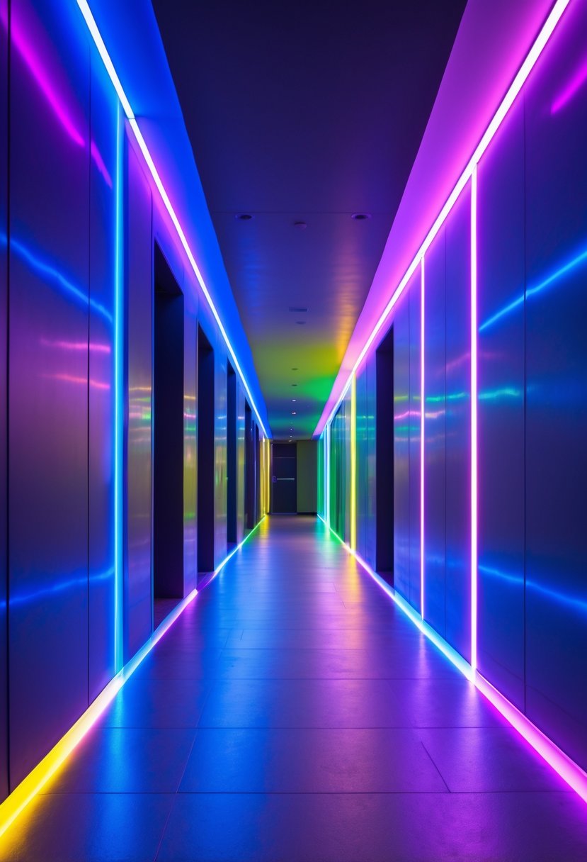 Surreal Hallway Styling Ideas: 21 Creative Ways to Transform Your Space 10 A modern hallway illuminated by colorful LED strip lights smoothly changing colors along the ceiling and floor edges.