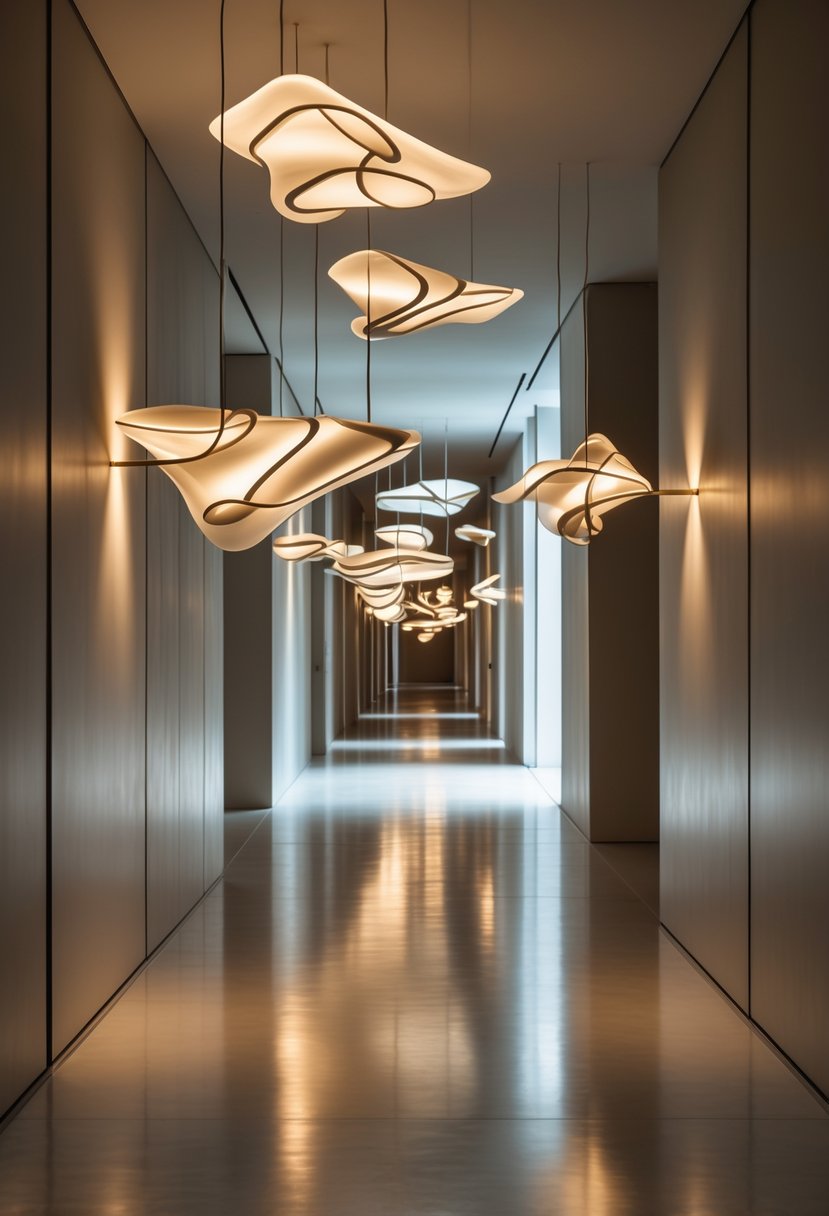 Surreal Hallway Styling Ideas: 21 Creative Ways to Transform Your Space 13 A long hallway with multiple artistic light fixtures hanging from the ceiling, casting soft light and shadows on the floor and walls.