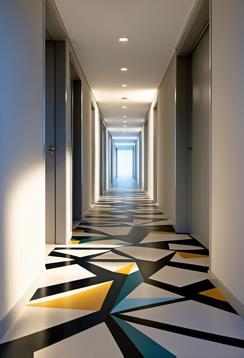 Surreal Hallway Styling Ideas: 21 Creative Ways to Transform Your Space 14 A long hallway with geometric patterned floor creating a distorted perspective effect.