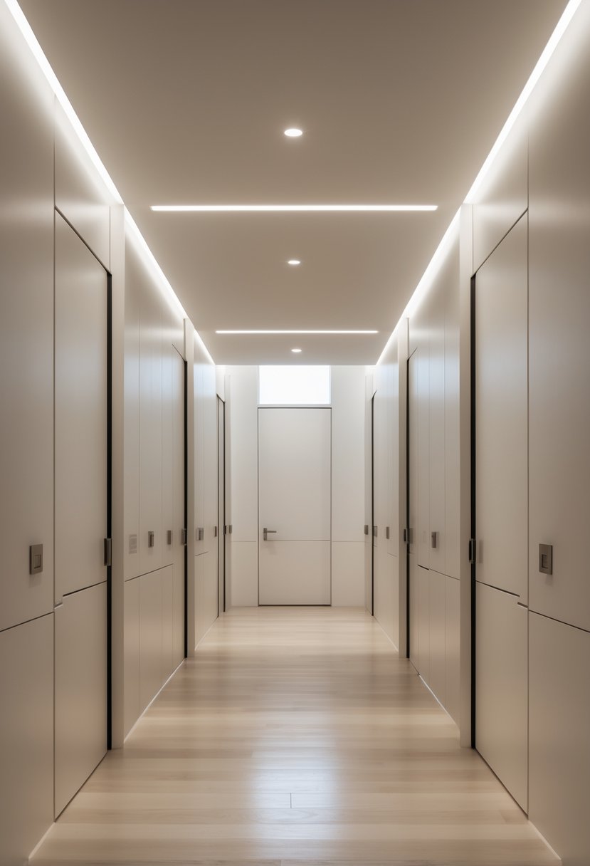 Surreal Hallway Styling Ideas: 21 Creative Ways to Transform Your Space 15 A modern hallway with smooth walls and hidden doorways that blend seamlessly into the wall panels.