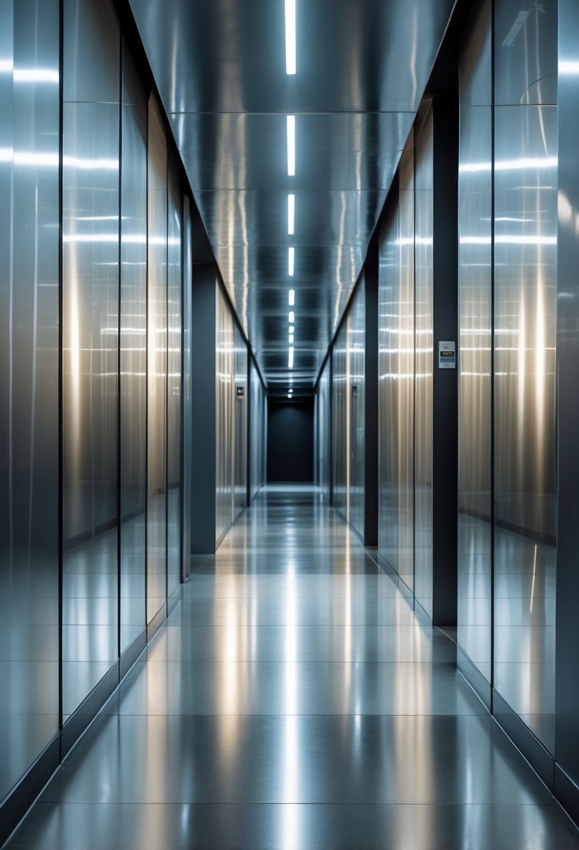 Surreal Hallway Styling Ideas: 21 Creative Ways to Transform Your Space 17 A long hallway with shiny metallic walls reflecting light and creating abstract patterns.