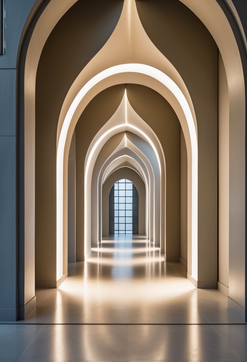 Surreal Hallway Styling Ideas: 21 Creative Ways to Transform Your Space 18 A hallway with multiple asymmetrical archways of varying shapes and sizes, illuminated by soft lighting, with polished floors and smooth walls.