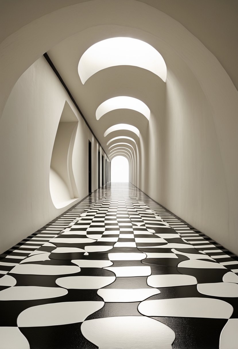 Surreal Hallway Styling Ideas: 21 Creative Ways to Transform Your Space 20 A long hallway with black and white checkerboard floors featuring warped tiles and smooth curved walls.