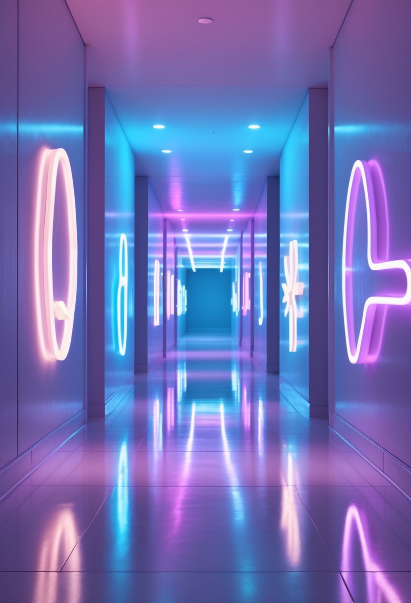 Surreal Hallway Styling Ideas: 21 Creative Ways to Transform Your Space 21 A hallway lit by soft glowing neon lights in pastel colors with smooth walls and reflective floors.
