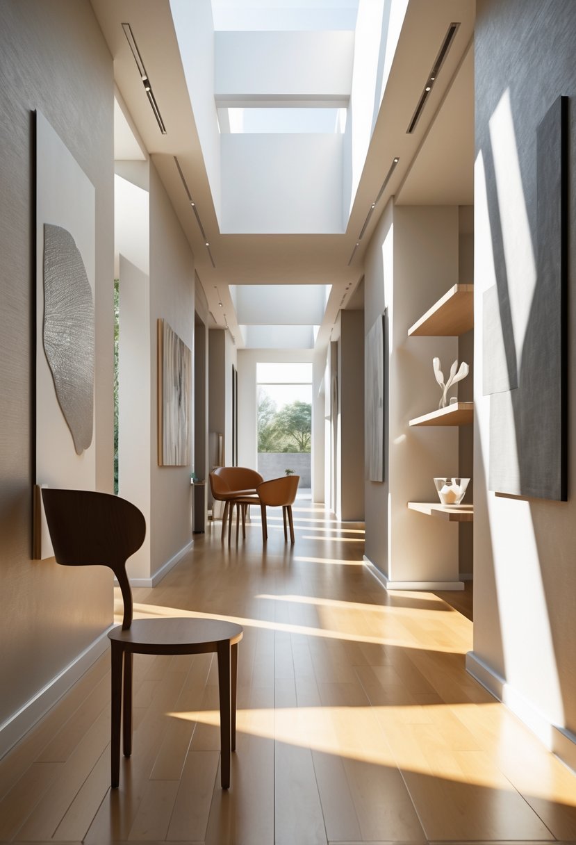 Surreal Hallway Styling Ideas: 21 Creative Ways to Transform Your Space 23 A hallway with modern furniture pieces floating above the floor, creating an illusion of levitation.