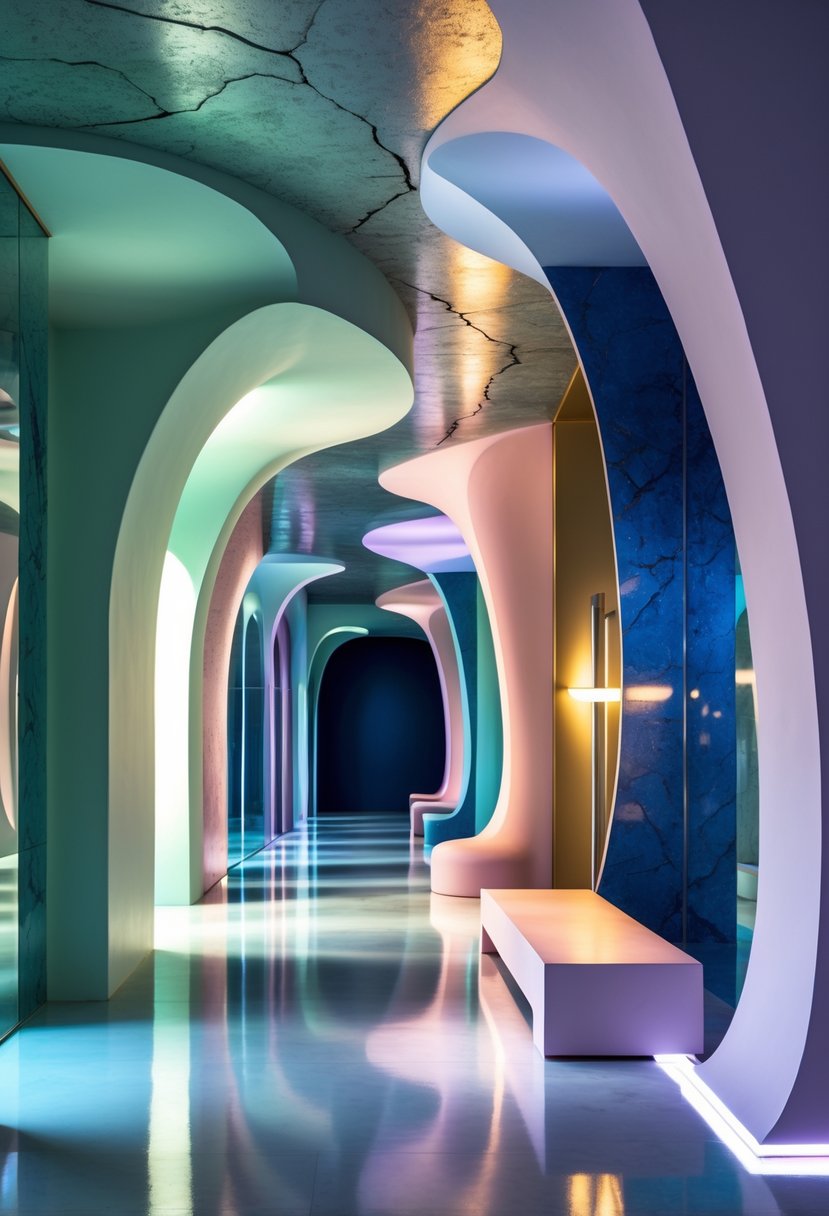 Surreal Hallway Styling Ideas: 21 Creative Ways to Transform Your Space 25 A long hallway with curved walls and ceiling, featuring a mix of marble, glass, and concrete surfaces in pastel and deep colors, illuminated by soft ambient lighting with modern furniture along the sides.