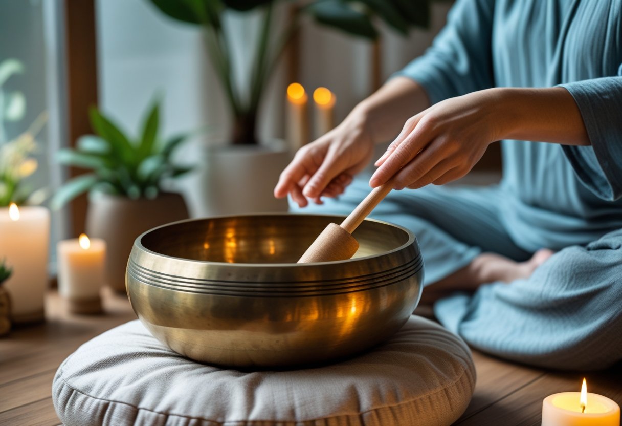Person hält eine Klangschale und schlägt sie sanft mit einem Holzstab in einem ruhigen, hellen Raum.