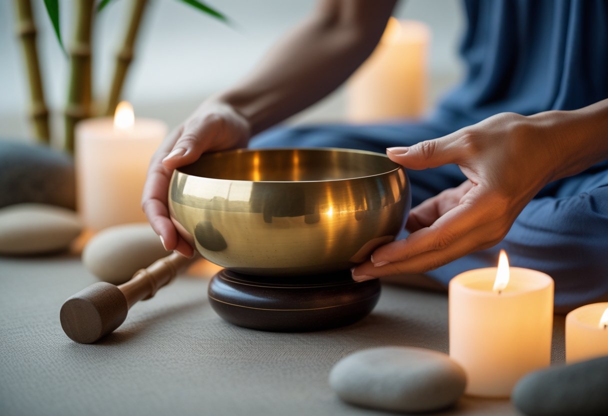 Hände halten eine Klangschale und einen Holzklöppel in einem ruhigen, natürlichen Ritualumfeld.