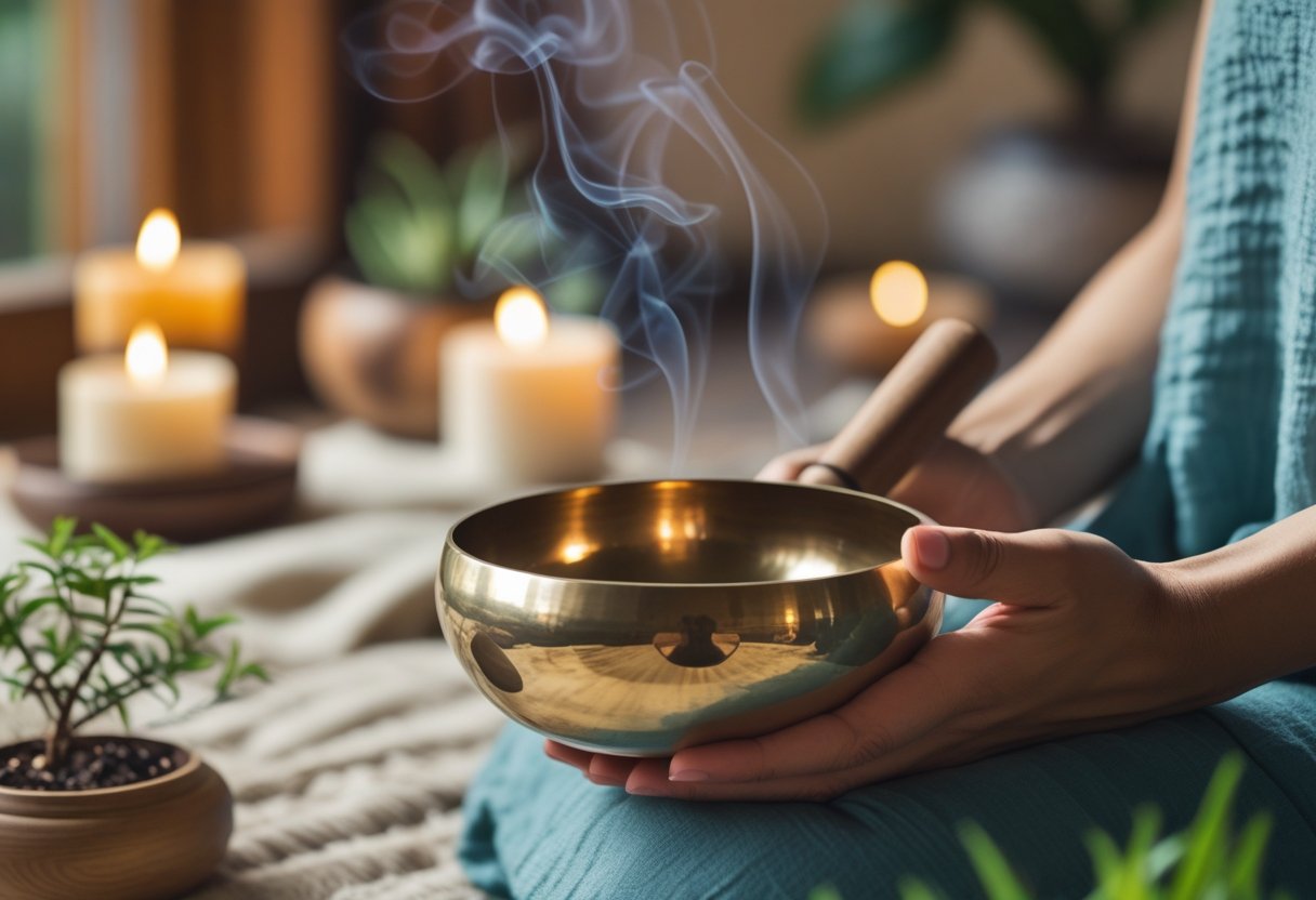Hände halten eine Klangschale mit einem Holzklöppel in einer ruhigen, meditativen Umgebung.