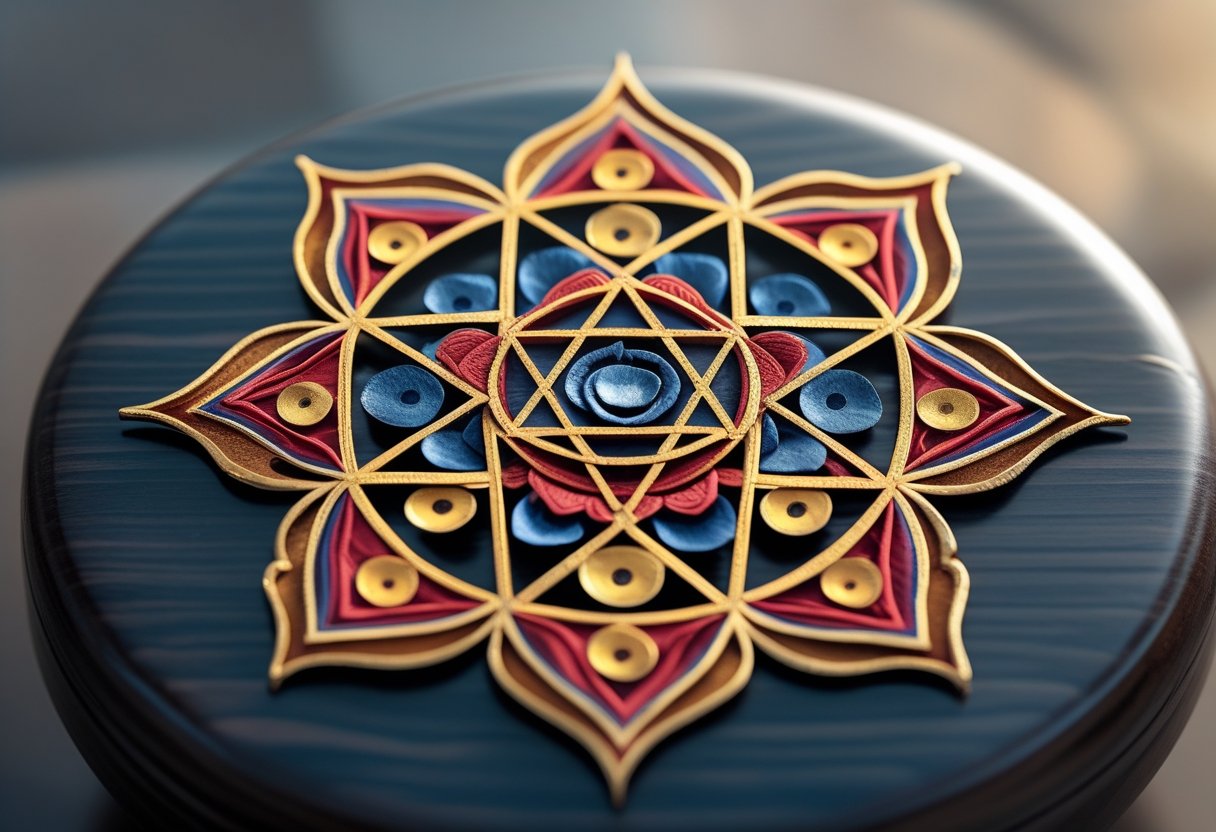 Ein detailliertes Bild eines traditionellen Yantras mit geometrischen Mustern auf einer dunklen Holzoberfläche.