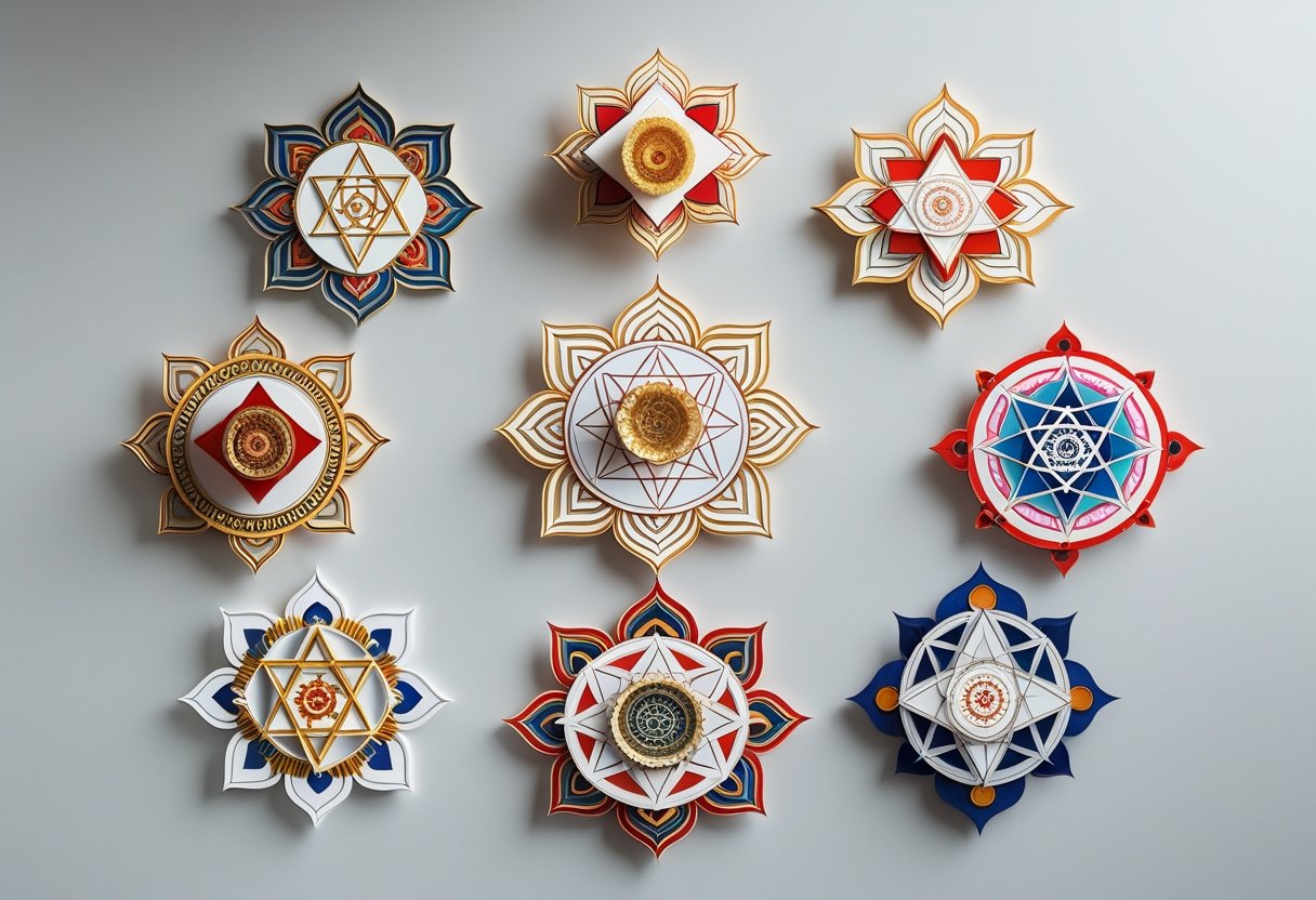Mehrere kunstvoll gestaltete Yantras mit geometrischen Mustern auf neutralem Hintergrund angeordnet.