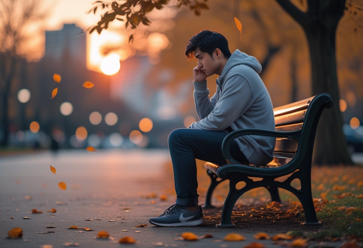 Eine Person sitzt nachdenklich allein auf einer Parkbank im Sonnenuntergang mit fallenden Herbstblättern.
