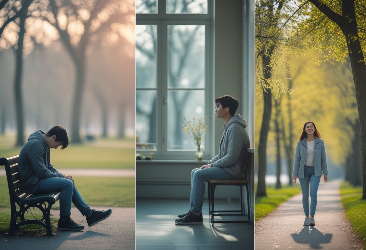 Eine Person durchläuft verschiedene Phasen von Liebeskummer, von Traurigkeit bis zur Heilung, dargestellt in vier aufeinanderfolgenden Szenen im Freien und drinnen.