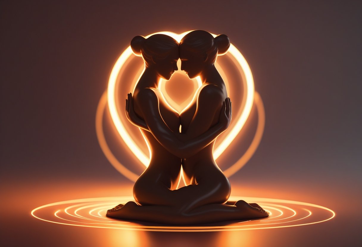 Abstrakte Darstellung von zwei ineinander verschlungenen menschlichen Silhouetten mit warmen Farben und leuchtenden Effekten, die sexuelle Energie symbolisieren.