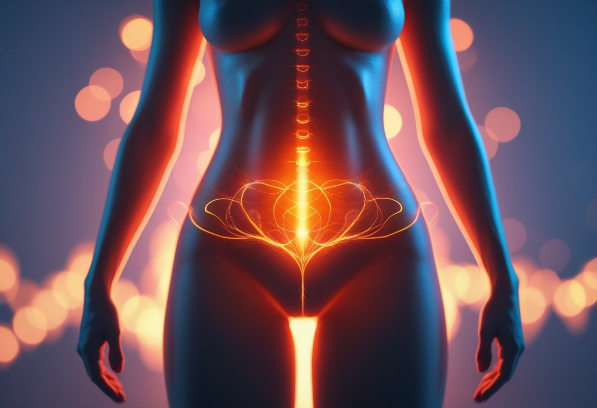 Silhouette eines menschlichen Körpers mit leuchtendem Bereich im Beckenbereich vor unscharfem Hintergrund.