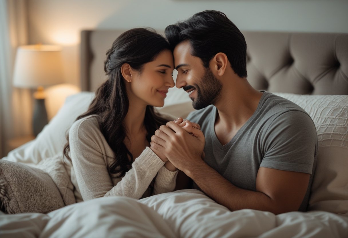 Ein liebevolles Paar sitzt in einem gemütlichen Schlafzimmer und hält sich sanft an den Händen, während sie sich vertraut in die Augen schauen.