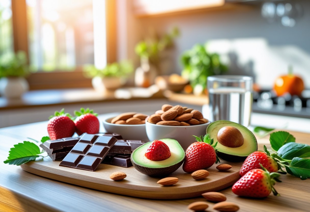Ein Tisch mit fünf Lebensmitteln, die das Sexleben fördern: Erdbeeren, dunkle Schokolade, Mandeln, Avocado und Chilischoten in einer hellen Küche.