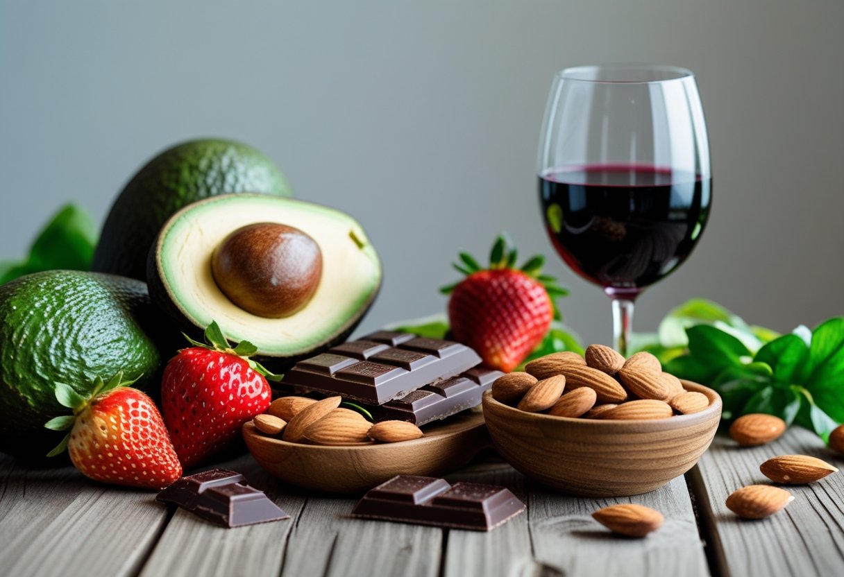 Ein Tisch mit Avocados, Erdbeeren, dunkler Schokolade, Mandeln und einem Glas Rotwein, schön arrangiert.