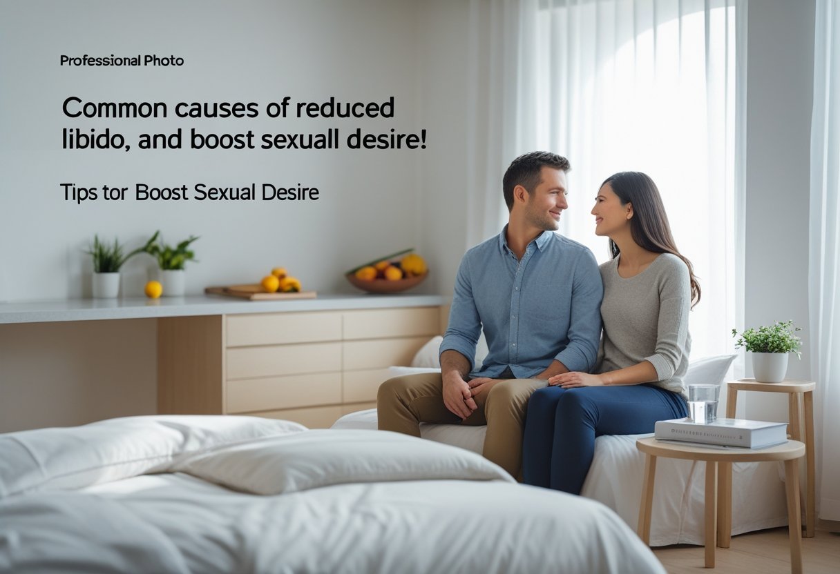 Ein nachdenkliches Paar sitzt auf der Bettkante in einem hellen Schlafzimmer, umgeben von Elementen für einen gesunden Lebensstil.