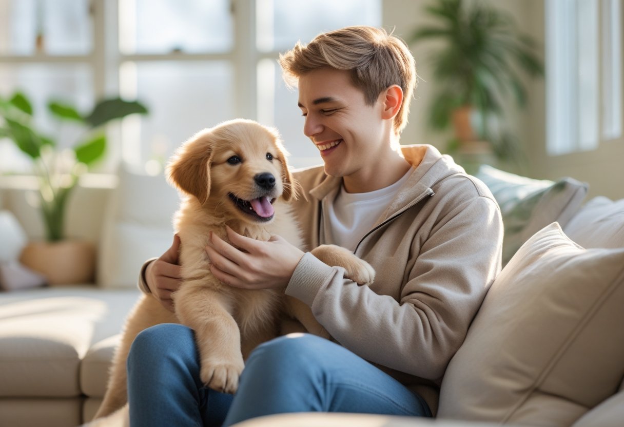 Ein junger Erwachsener sitzt in einem hellen Wohnzimmer und spielt glücklich mit einem verspielten Welpen.