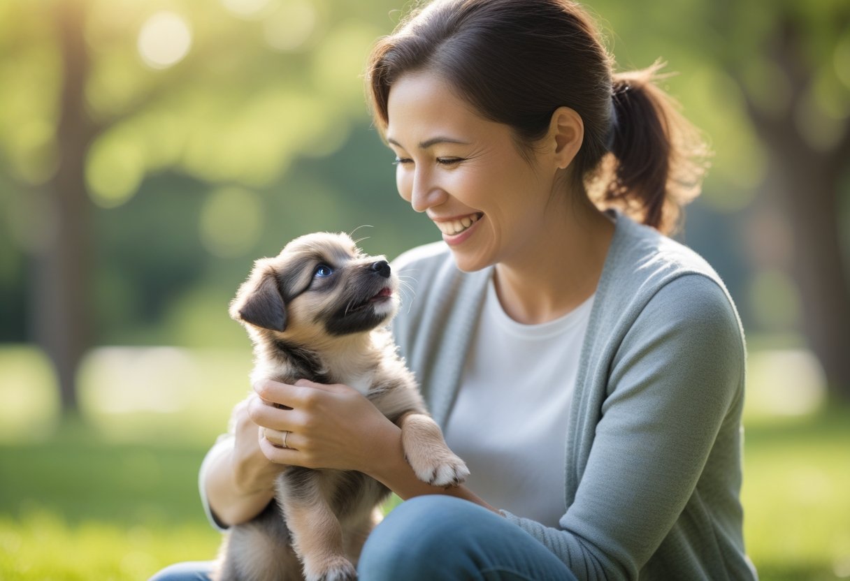 Ein Mensch hält liebevoll einen kleinen Welpen im Arm, beide schauen sich glücklich an in einem sonnigen Park.