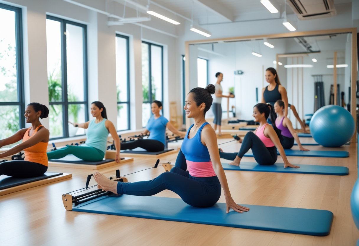 Mehrere Personen führen verschiedene Pilates-Übungen in einem hellen Fitnessstudio aus.