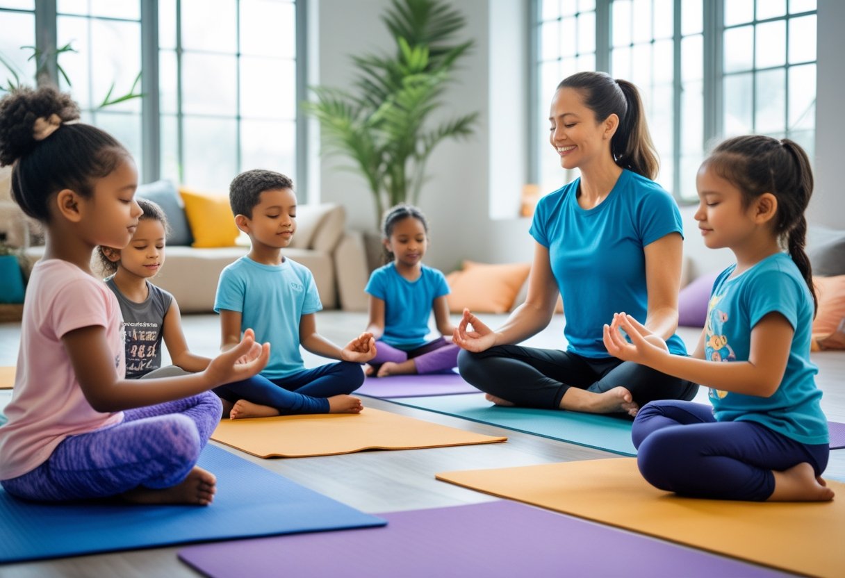 Kinder praktizieren Yoga und Achtsamkeit mit einer erwachsenen Lehrerin in einem hellen Raum mit Yogamatten.