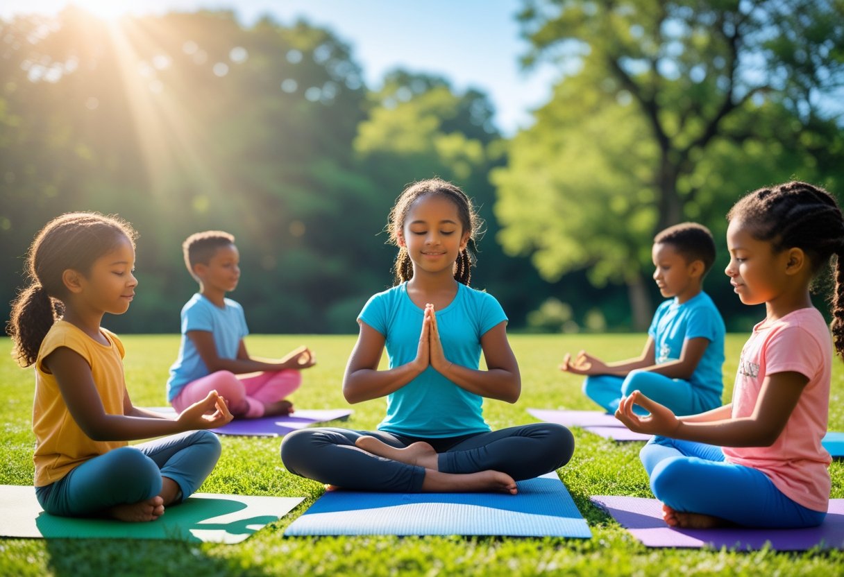 Kinder praktizieren Yoga und Achtsamkeit im Freien auf bunten Yogamatten, begleitet von einer erwachsenen Lehrerin.