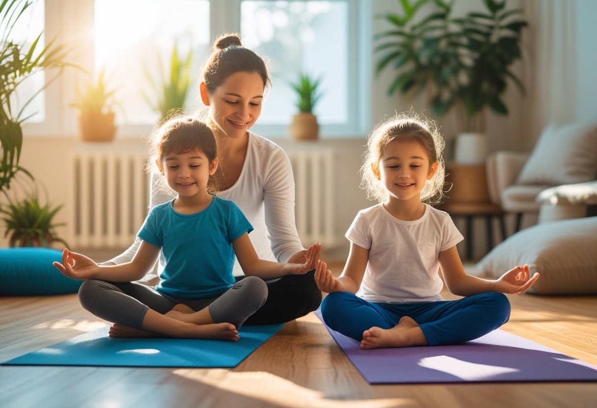 Ein Elternteil und zwei Kinder praktizieren gemeinsam Yoga in einem hellen, gemütlichen Raum.