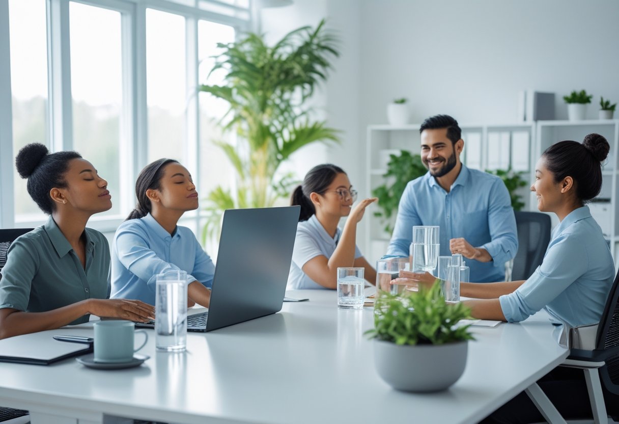 Fünf Büroangestellte in einem hellen Büro, die verschiedene Aktivitäten zur Burnout-Prävention durchführen, wie Atmen, Dehnen, Wasser trinken, Aufräumen und miteinander sprechen.