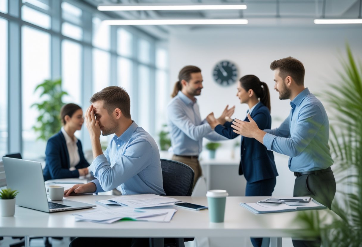 Ein Büro mit mehreren Mitarbeitern, einer wirkt gestresst, ein anderer zeigt unterstützende Gesten, im Hintergrund Pflanzen und eine Uhr.